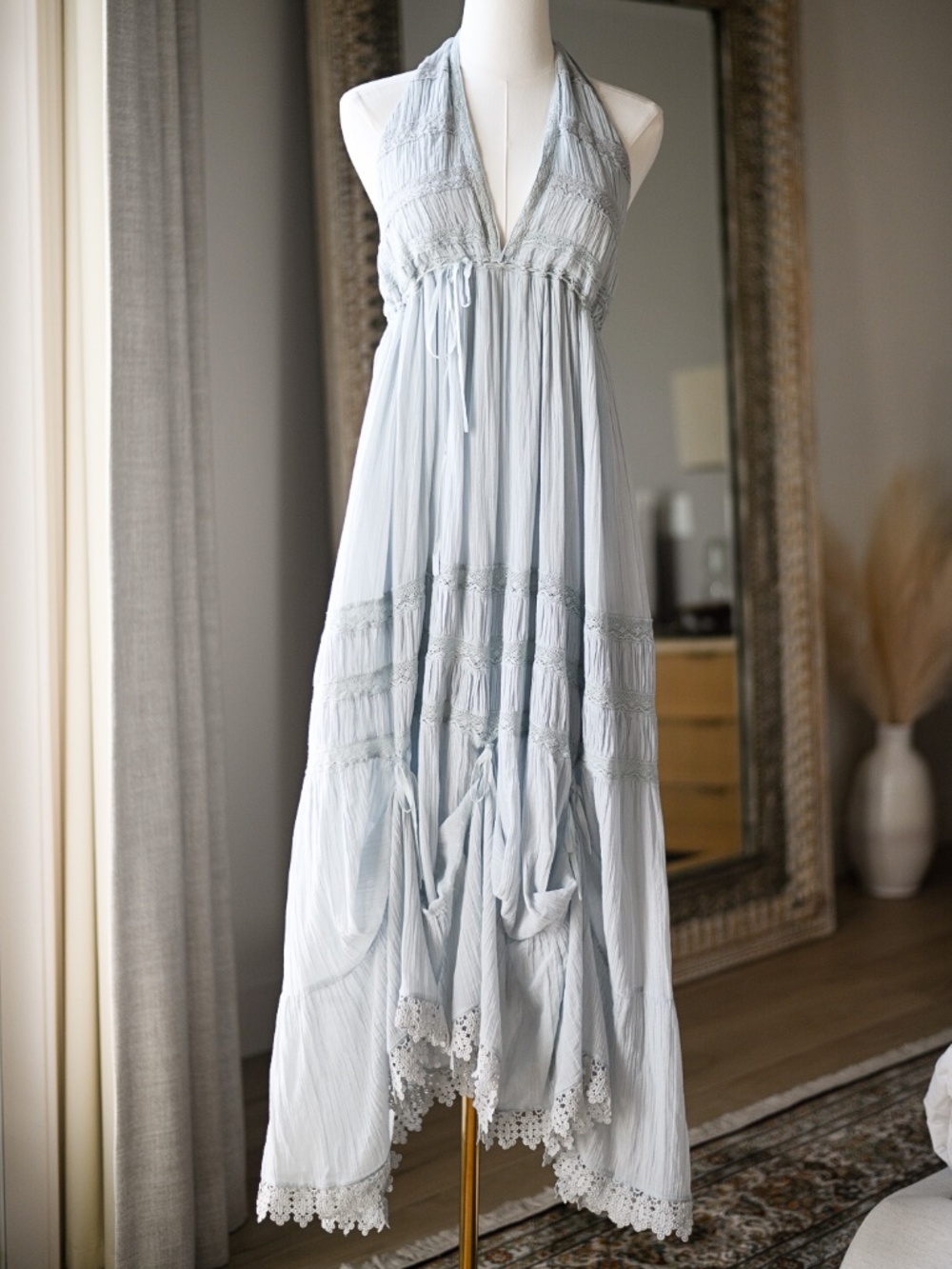 NWT Free People Sunflower Afternoon Bustle Midi Dress Medium Blue Halter - Picture 1 of 9